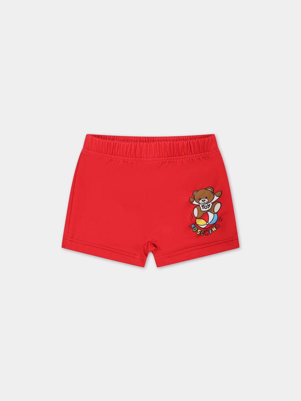 Red swimsuit for baby boy with Teddy bear and multicolor logo